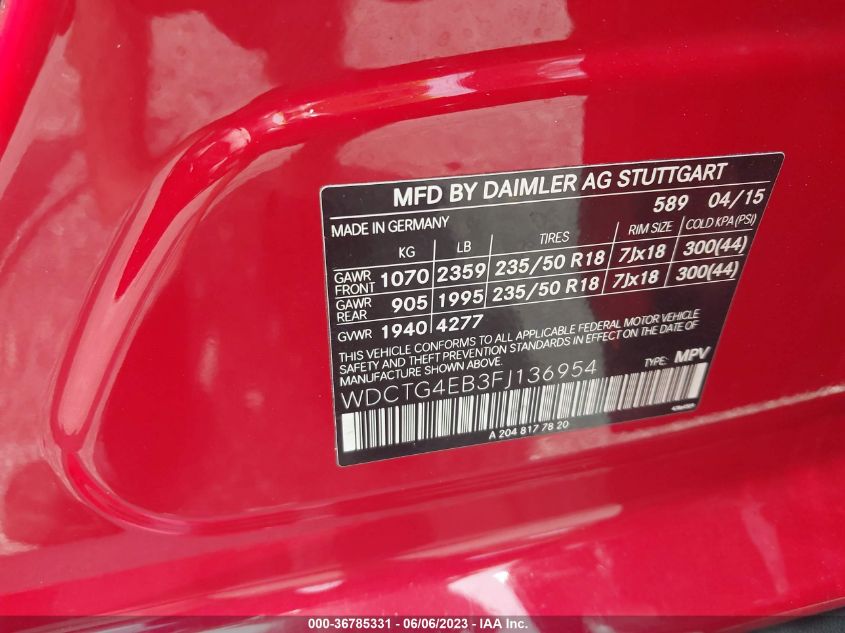 2015 MERCEDES-BENZ GLA-CLASS GLA 250 WDCTG4EB3FJ136954