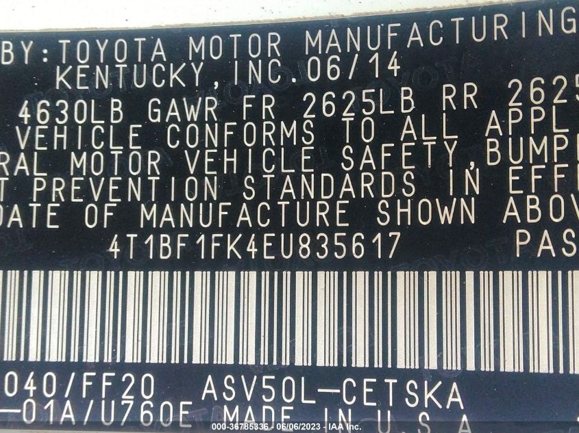 2014 TOYOTA CAMRY L/LE/XLE/SE/SE SPORT - 4T1BF1FK4EU835617