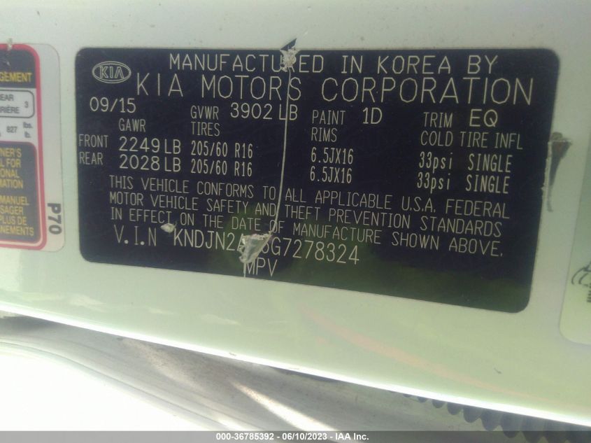 2016 KIA SOUL BASE - KNDJN2A26G7278324