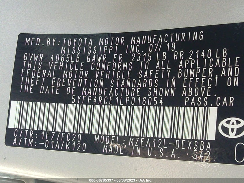 VIN 5YFP4RCE1LP016054 2020 TOYOTA COROLLA SE