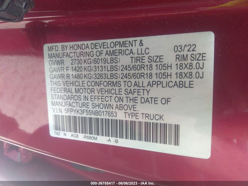 2022 HONDA RIDGELINE RTL - 5FPYK3F55NB017653