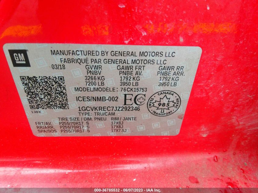 2018 CHEVROLET SILVERADO 1500 LT - 1GCVKREC7JZ292346