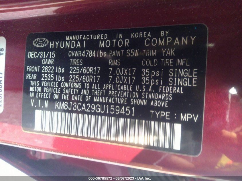 2016 HYUNDAI TUCSON LIMITED/SPORT AND ECO/SE - KM8J3CA29GU159451