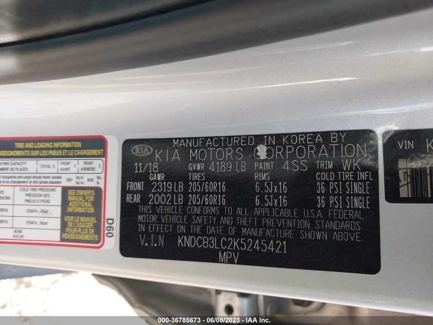 VIN KNDCB3LC2K5245421 2019 KIA NIRO LX
