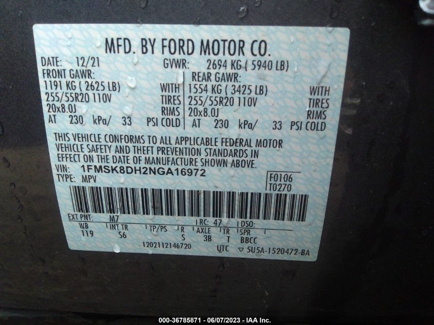 2022 FORD EXPLORER XLT - 1FMSK8DH2NGA16972