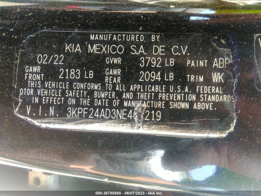 2022 KIA FORTE FE - 3KPF24AD3NE461219