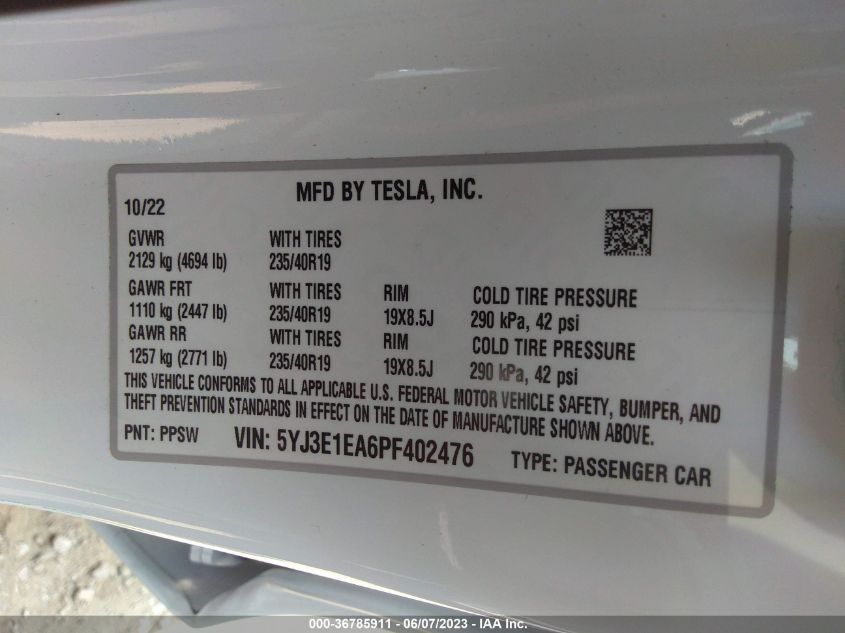 2023 TESLA MODEL 3 - 5YJ3E1EA6PF402476