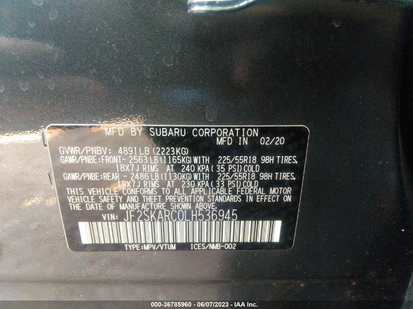 2020 SUBARU FORESTER SPORT - JF2SKARC0LH536945