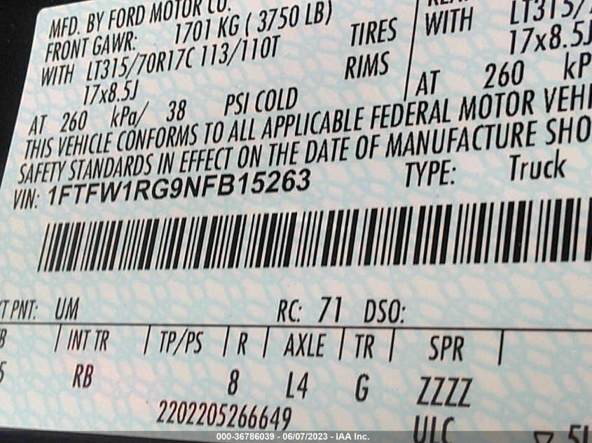 2022 FORD F-150 RAPTOR - 1FTFW1RG9NFB15263