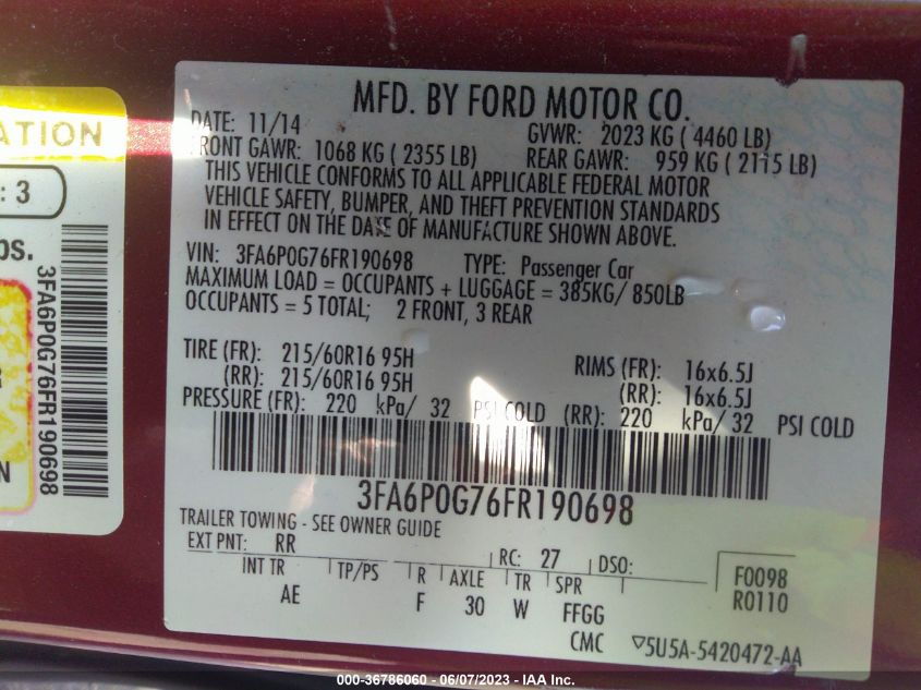 2015 FORD FUSION S - 3FA6P0G76FR190698