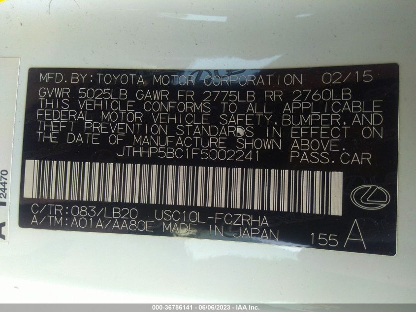 2015 LEXUS RC F - JTHHP5BC1F5002241