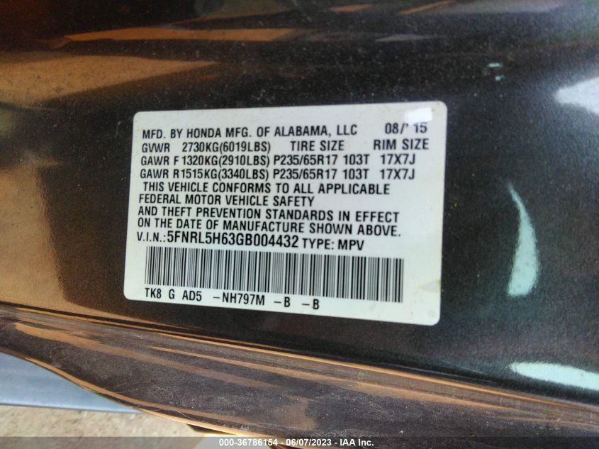 2016 HONDA ODYSSEY EX-L - 5FNRL5H63GB004432