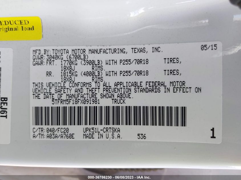 2015 TOYOTA TUNDRA DOUBLE CAB SR/SR5 - 005TFRM5F18FX0981