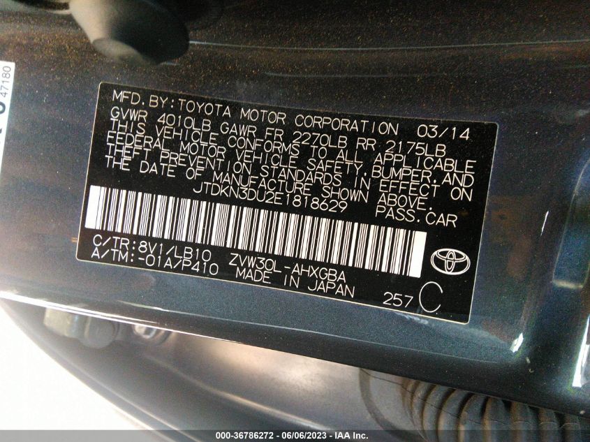 2014 TOYOTA PRIUS FOUR/FIVE/THREE/ONE/TWO - JTDKN3DU2E1818629