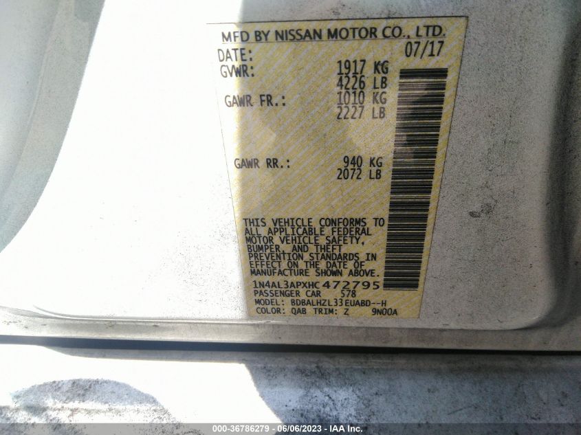 2017 NISSAN ALTIMA 2.5 SR - 1N4AL3APXHC472795