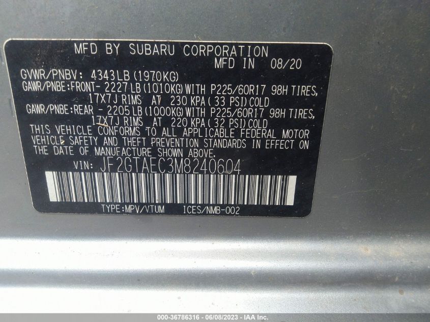 2021 SUBARU CROSSTREK PREMIUM - JF2GTAEC3M8240604