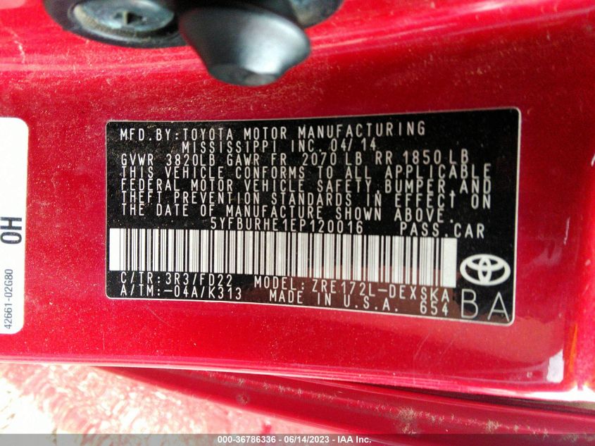 2014 TOYOTA COROLLA L/LE/S/S PLUS/LE PLUS - 5YFBURHE1EP120016