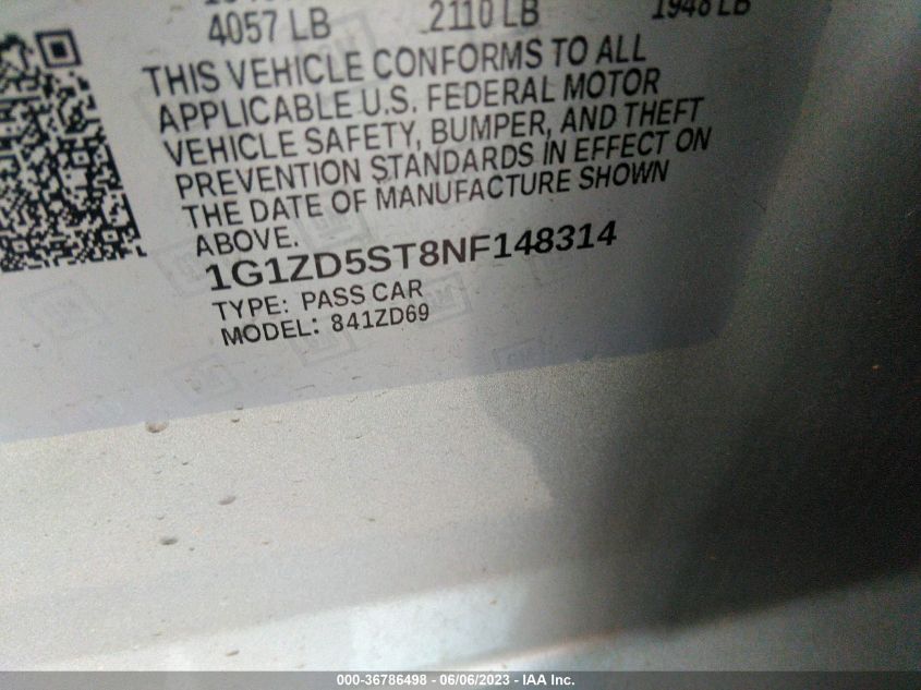 2022 CHEVROLET MALIBU LT - 1G1ZD5ST8NF148314