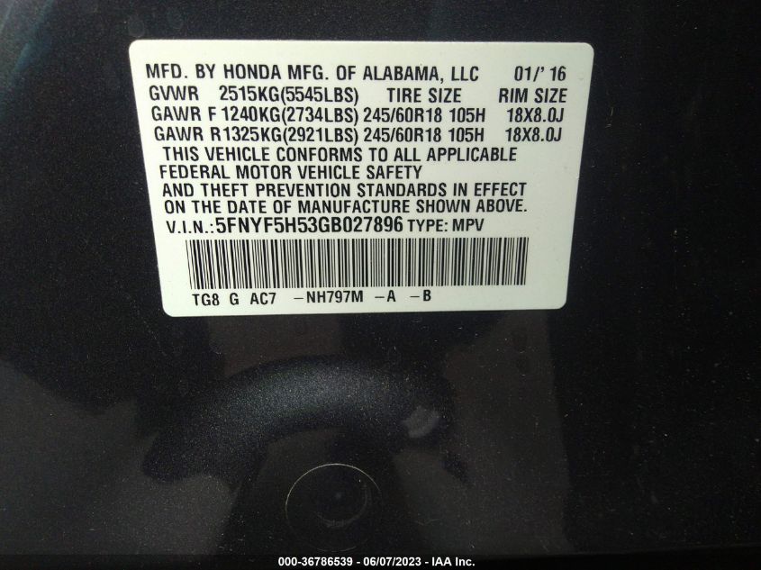 2016 HONDA PILOT EX-L - 5FNYF5H53GB027896