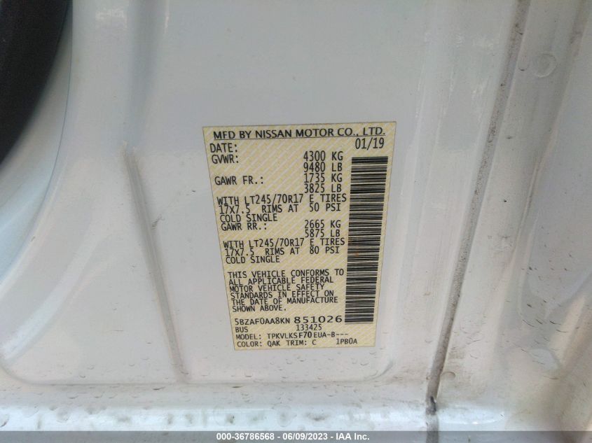 2019 NISSAN NV PASSENGER NV3500 HD SL 5BZAF0AA8KN851026