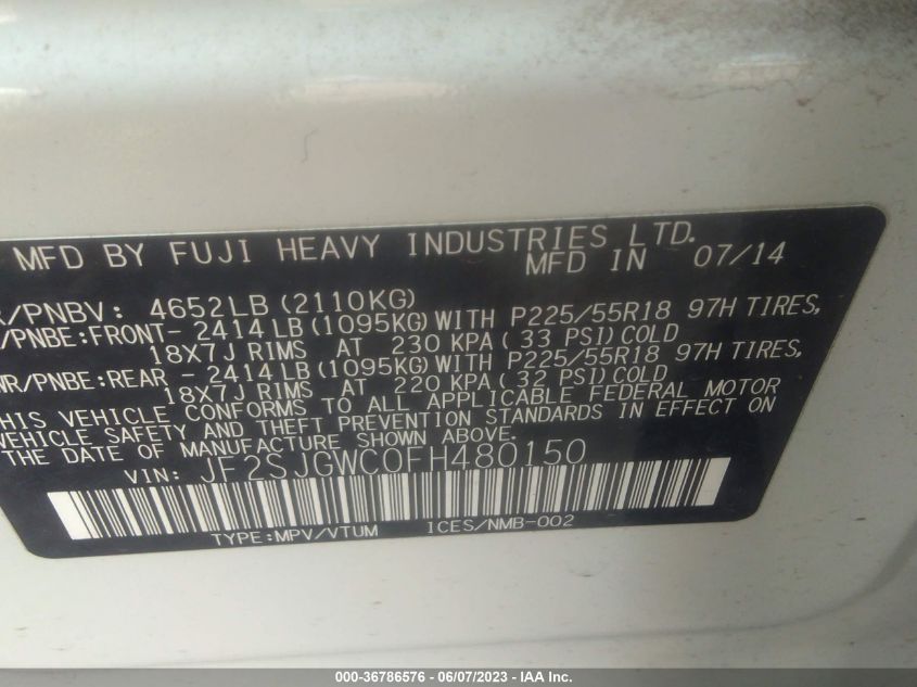 2015 SUBARU FORESTER 2.0XT TOURING - JF2SJGWC0FH480150