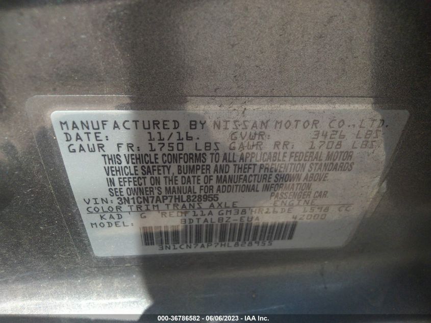 2017 NISSAN VERSA SEDAN SV - 3N1CN7AP7HL828955