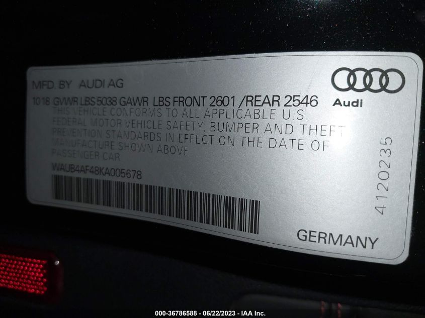 2019 AUDI S4 PREMIUM PLUS - WAUB4AF48KA005678