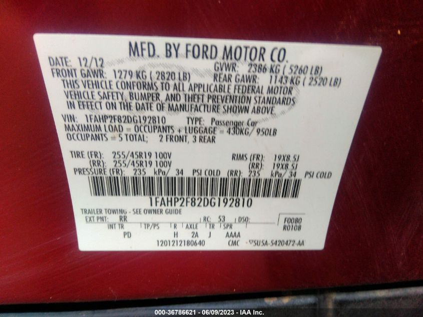 2013 FORD TAURUS LIMITED - 1FAHP2F82DG192810