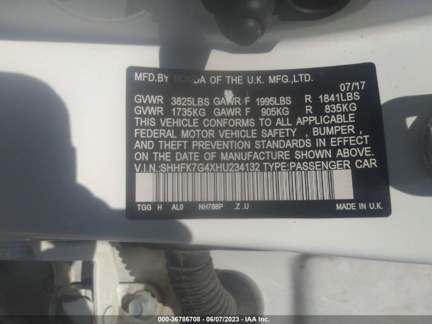 2017 HONDA CIVIC HATCHBACK SPORT - SHHFK7G4XHU234132