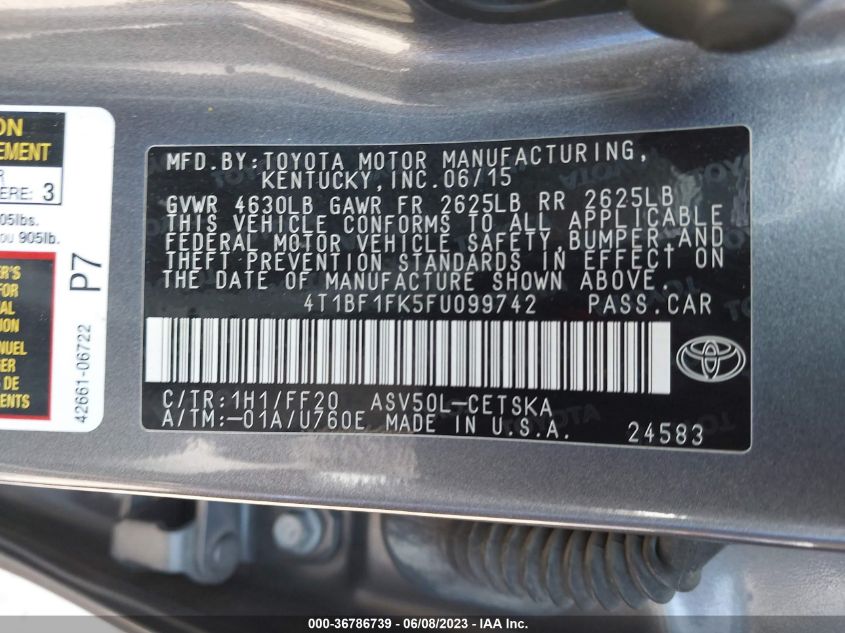 2015 TOYOTA CAMRY XLE/SE/LE/XSE - 4T1BF1FK5FU099742