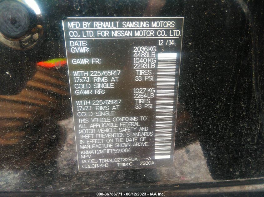 2015 NISSAN ROGUE SV - KNMAT2MT1FP519084