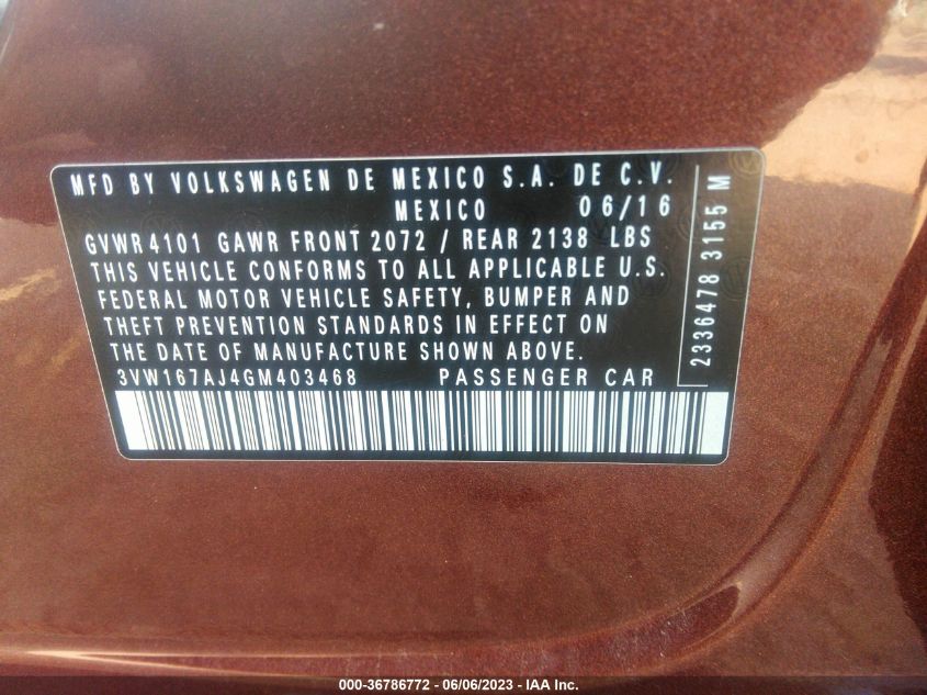 2016 VOLKSWAGEN JETTA SEDAN 1.4T S - 3VW167AJ4GM403468