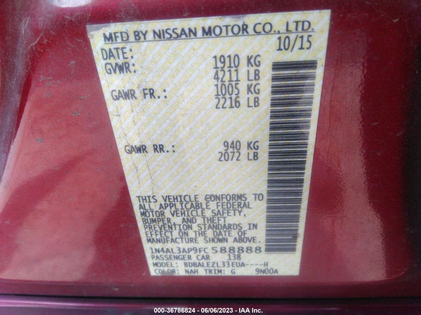 2015 NISSAN ALTIMA 2.5 S - 1N4AL3AP9FC588888