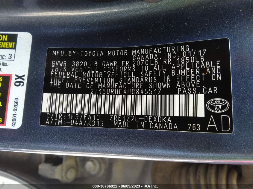 2017 TOYOTA COROLLA L/LE/XLE/SE - 2T1BURHE4HC845517