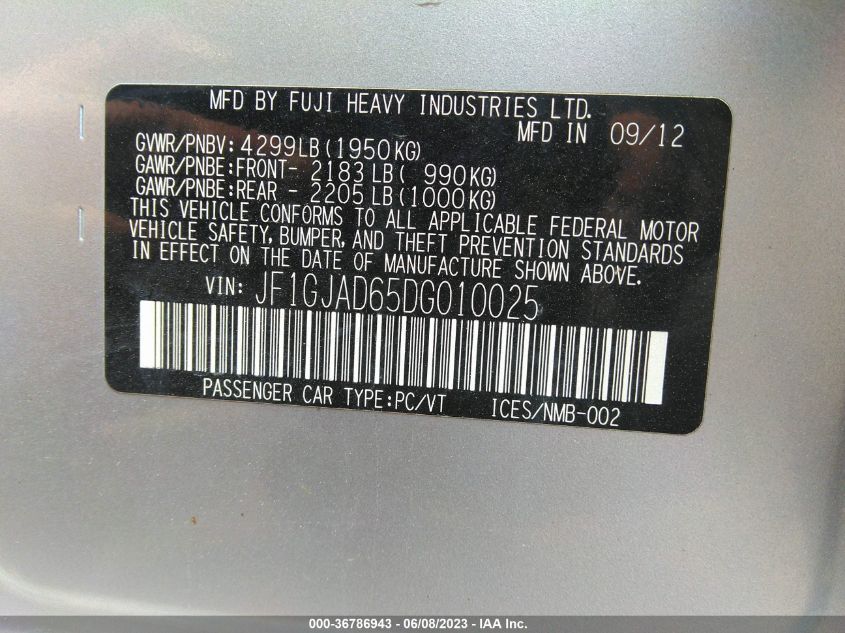2013 SUBARU IMPREZA SEDAN PREMIUM - JF1GJAD65DG010025