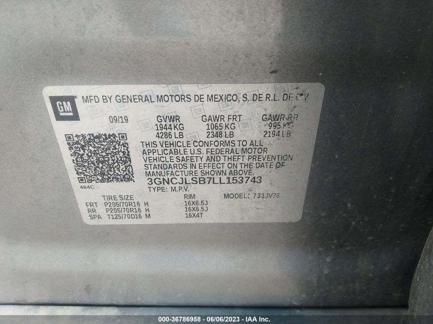 2020 CHEVROLET TRAX LT - 3GNCJLSB7LL153743