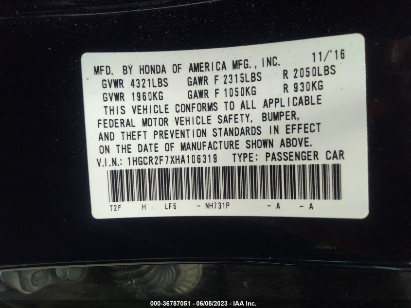 2017 HONDA ACCORD SEDAN EX - 1HGCR2F7XHA106319