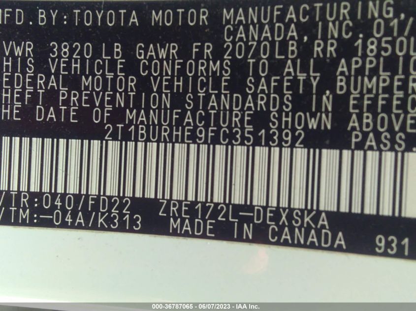 2015 TOYOTA COROLLA L/LE/S/S PLUS/LE PLUS - 2T1BURHE9FC351392