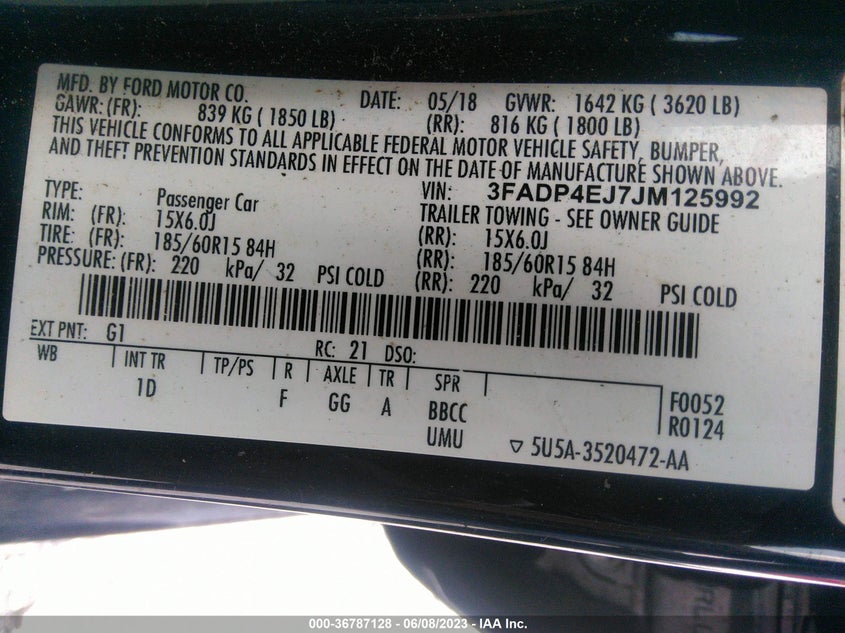 VIN 3FADP4EJ7JM125992 2018 FORD FIESTA SE
