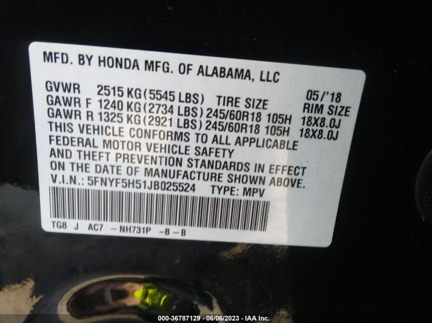 2018 HONDA PILOT EX-L - 5FNYF5H51JB025524
