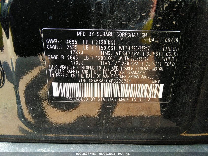 2019 SUBARU OUTBACK PREMIUM - 4S4BSAFC4K3226274