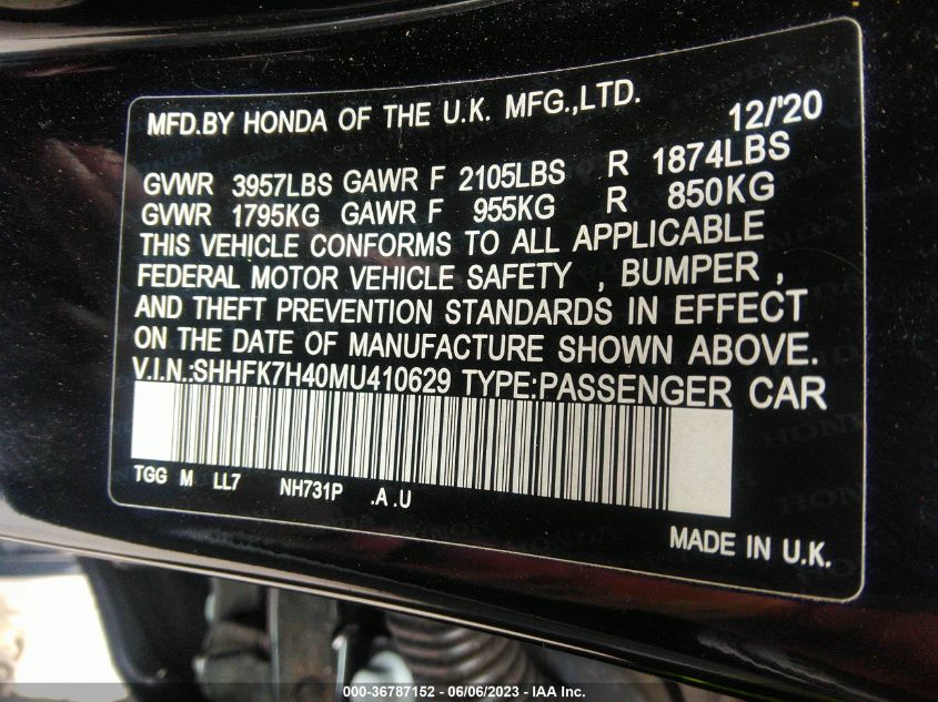 2021 HONDA CIVIC HATCHBACK SPORT - SHHFK7H40MU410629