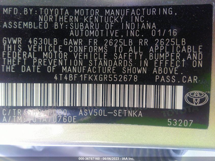 2016 TOYOTA CAMRY LE/XLE/SE/XSE - 4T4BF1FKXGR552678