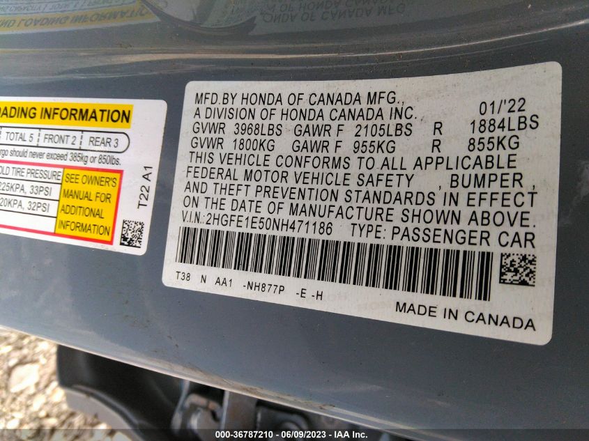 2022 HONDA CIVIC SI 2HGFE1E50NH471186