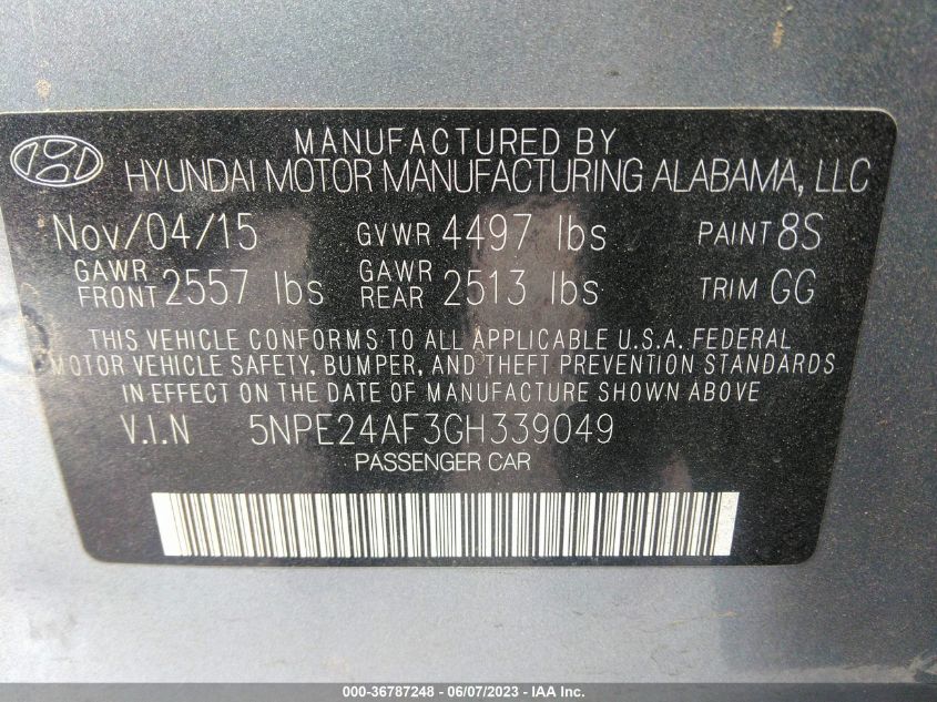 2016 HYUNDAI SONATA 2.4L SE - 5NPE24AF3GH339049