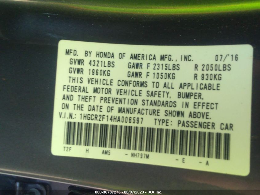 2017 HONDA ACCORD SEDAN SPORT SE - 1HGCR2F14HA006597