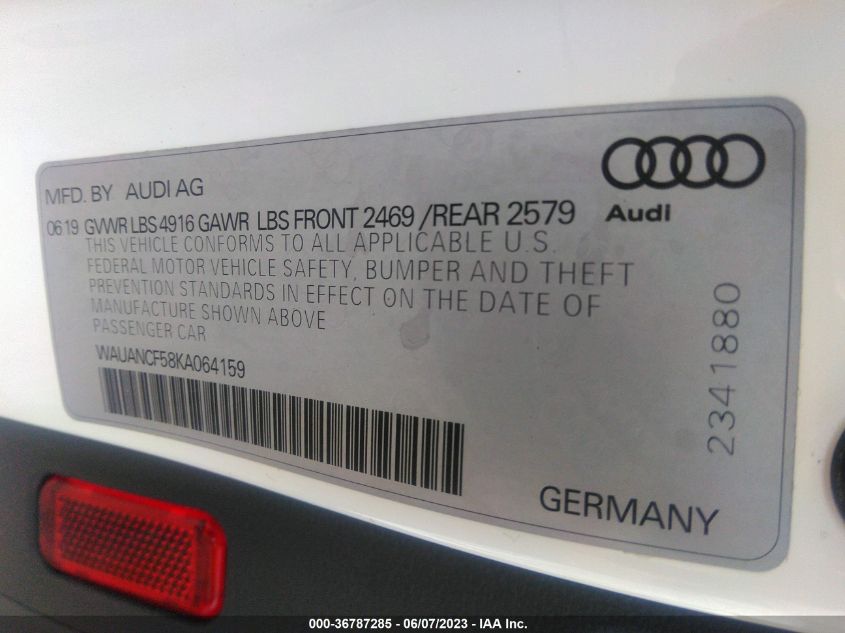 2019 AUDI A5 SPORTBACK PREMIUM - WAUANCF58KA064159