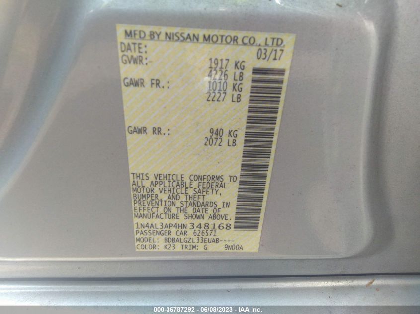 2017 NISSAN ALTIMA 2.5/S/SV/SL/SR - 1N4AL3AP4HN348168