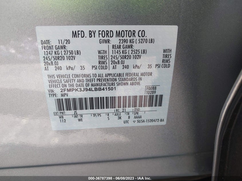 VIN 2FMPK3J94LBB41501 2020 FORD EDGE SEL