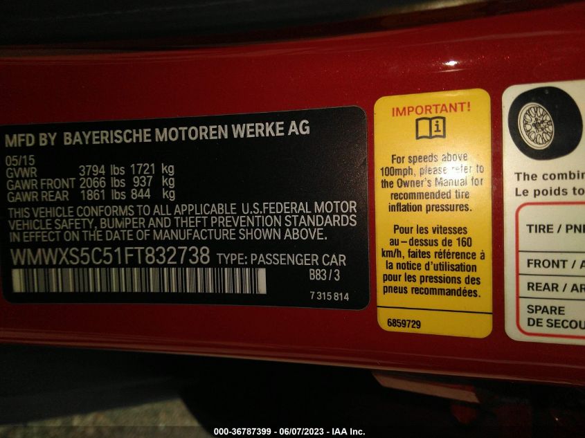 2015 MINI COOPER HARDTOP 4 DOOR WMWXS5C51FT832738